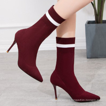 Good selling pointed toe 9 cm high heel black wine stretch knitted ladies new fashion mid-calf boots